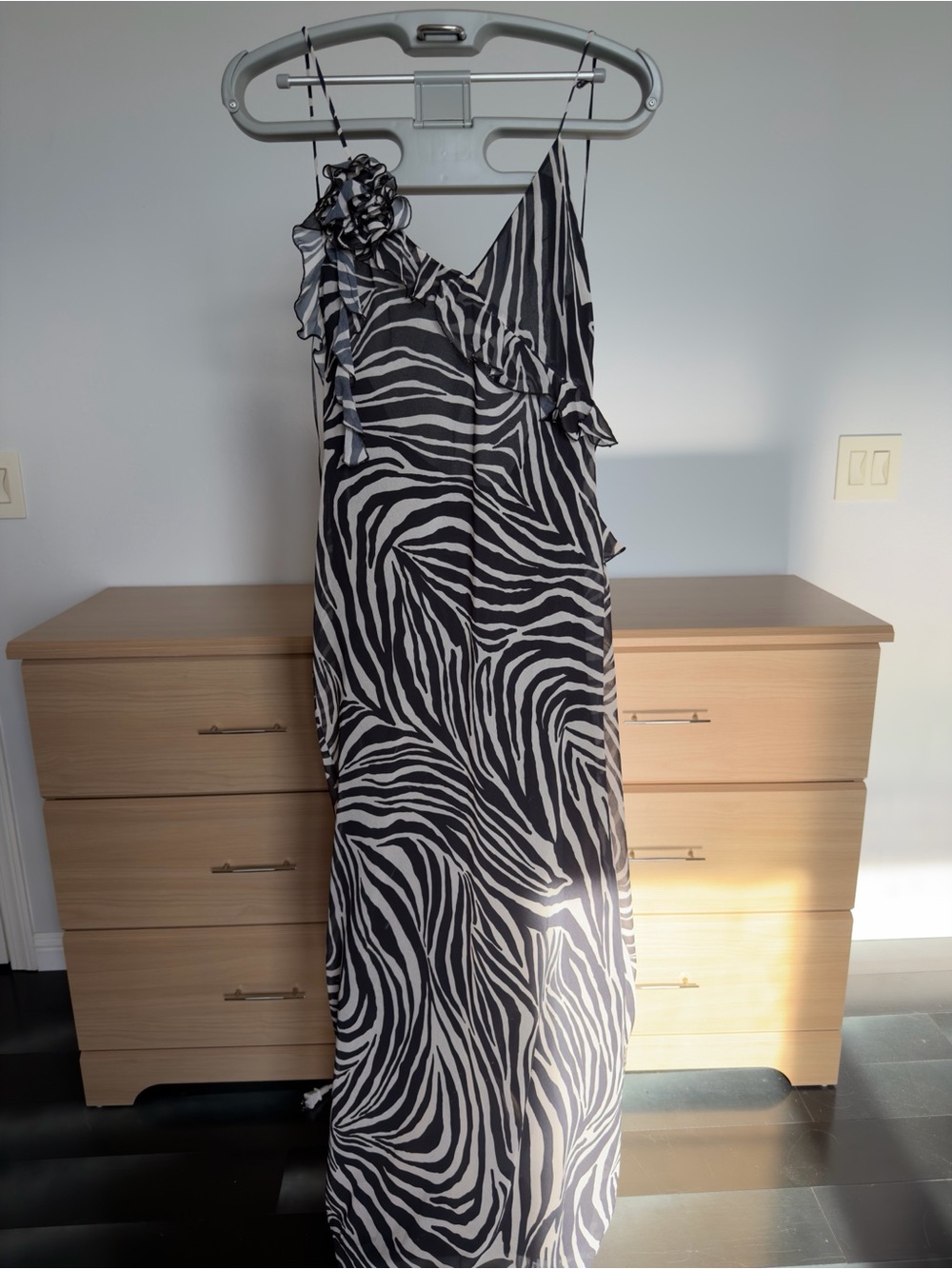 Zebra Print One-Shoulder Maxi Dress - Black & White